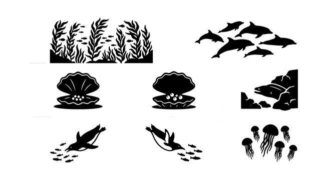 Underwater Marine Life Silhouette Set - Dolphin, Jellyfish, Pearl Oyster, and Kelp Forest Icons