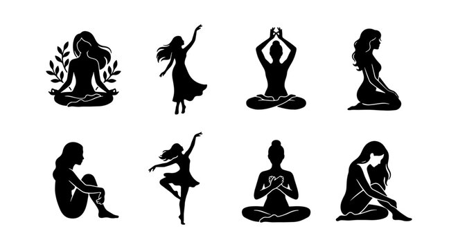 Silhouette Yoga Poses, Meditation Figures, and Dancing Women Vector Icons Set. Elegant Female Forms for Wellness, Lifestyle, and Mindfulness Graphics.