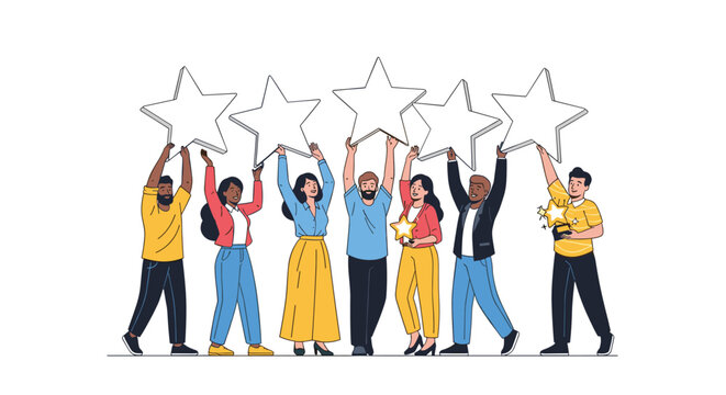 Group of seven diverse people holding up large white star ratings to represent customer feedback, satisfaction, and reviews.