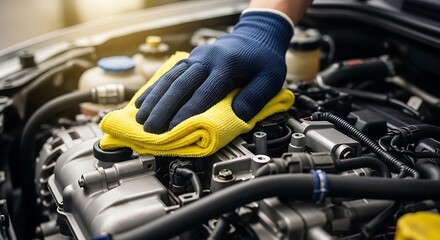 Fototapeta premium Mechanic cleaning car engine with yellow microfiber cloth and blue glove