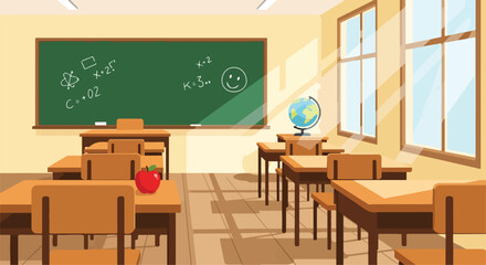 A cartoon classroom with desks, a chalkboard, and a globe © Lukmanah