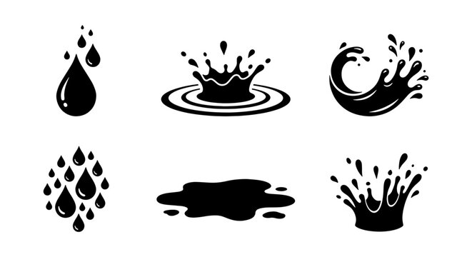 Black Water Splash and Liquid Drop Silhouette Icons - Vector Ink or Oil Splatter Set