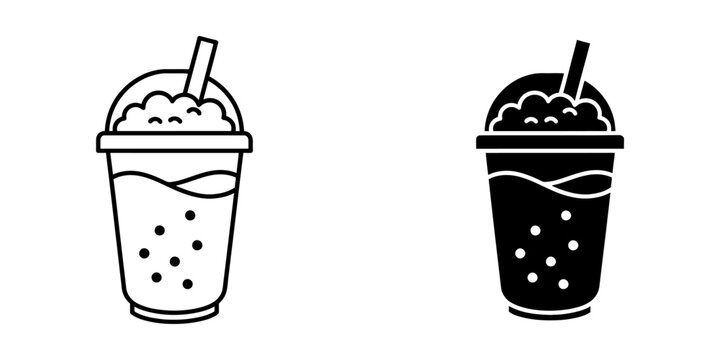 Slushy drink in disposable cup with straw and ice icon outline and silhouette vector set.
