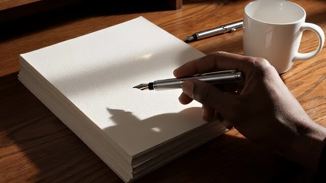 Stack of blank white paper on a wooden desk next to a pen and coffee mug