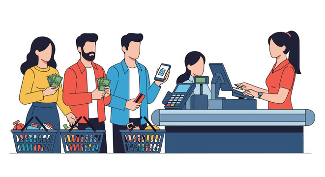 Customers waiting in a line at a supermarket checkout counter to pay for their groceries using cash credit cards and mobile phone technology.