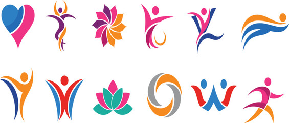 Fototapeta premium Abstract Human Logo Set Featuring Colorful People Shapes, Heart, Lotus, Fitness, Yoga and Dynamic Movement Symbols for Wellness and Lifestyle Branding Design.