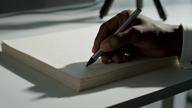 Stack of textured paper sheets with a silver pen on a clean bright surface close-up