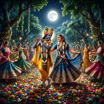 Radha and Krishna dancing Raas Leela amidst devotees in a flower-strewn forest at night
