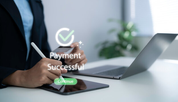 Online payment success concept showing business person using smartphone tablet and laptop with digital confirmation interface secure transaction financial technology ecommerce checkout
