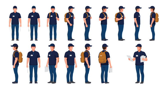 Delivery service worker character sheet showing a man in uniform with a backpack in multiple views and poses for logistics and courier companies.