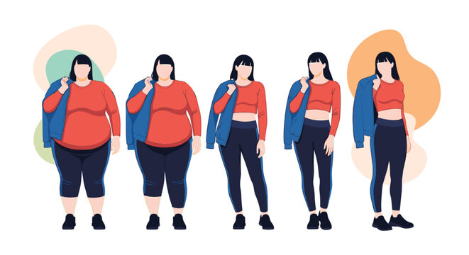Sequence of a young woman's body transformation showing the stages of weight loss from plus-size to thin while wearing casual workout clothes.