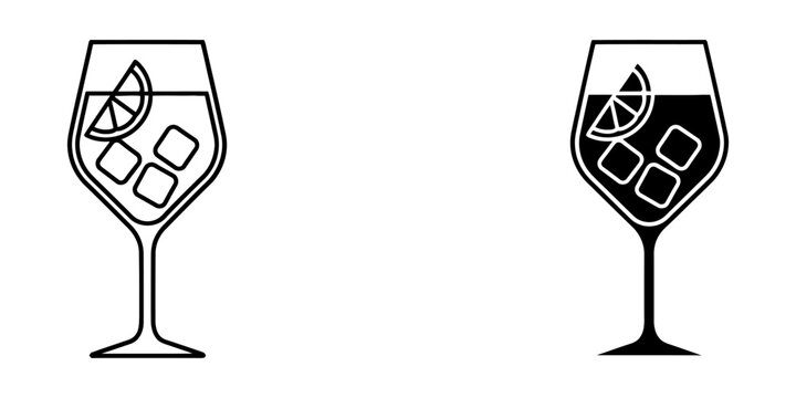 Elegant wine glass with bubbly drink ice cubes and citrus slice icon outline and solid fill vector.