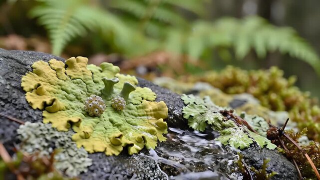 Closeup of lichen and moss on a rock with water dripping.