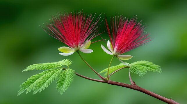 Vibrant red powderpuff flowers blooming on a leafy branch against a soft green bokeh background in a tropical garden