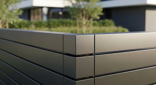 Modern anthracite horizontal metal slat fence corner with blurred garden background