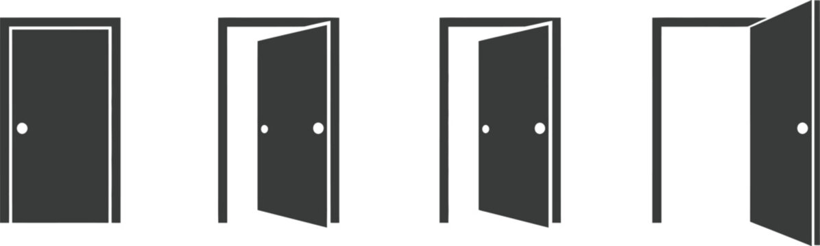 Door, icon set with open close and ajar doors, entrance door collection, flat style vector illustration design.