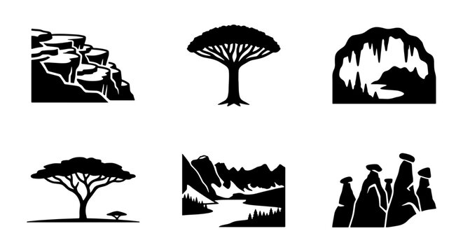 Collection of Nature Landscapes and Unique Geological Formation Silhouettes