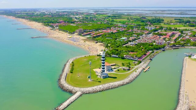 Italy, Jesolo. Light House Faro di Piave Vecchia. Lido di Jesolo, is the beach area of the city of Jesolo in the province of Venice. Drone footage, Point of interest