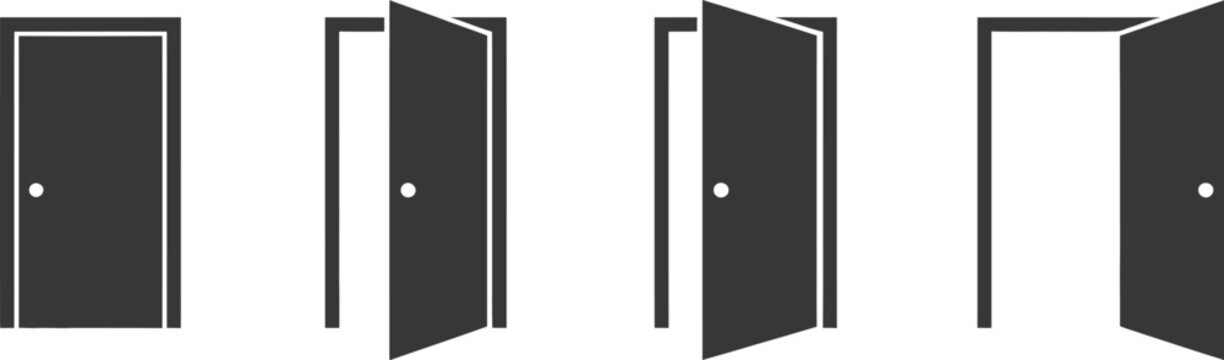 Door, icon set with open close and ajar doors, entrance door collection, flat style vector illustration design.
