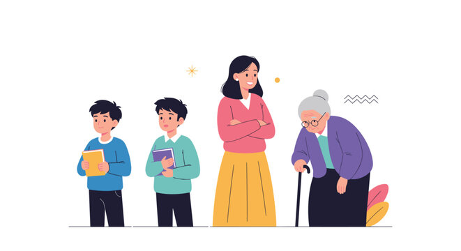 Illustration showing four people representing the human life cycle from young childhood through adulthood to old age.