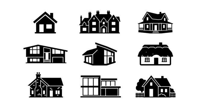 Collection of Diverse Architectural House and Residential Building Silhouettes