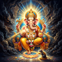 Fototapeta premium Majestic Lord Ganesha bestowing blessings amidst a dramatic cosmic storm and ethereal light 
