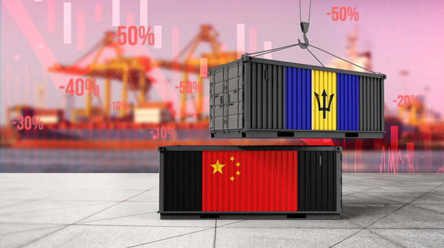 Trade Tensions: Cargo containers bearing the flags of Barbados and China, symbolizing trade, stand against a backdrop of declining figures, highlighting the economic impacts of global trade dynamics.