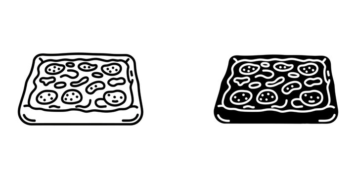 Square pizza icons in line and silhouette styles featuring deep dish thick crust and assorted vegetable toppings rectangular shaped italian flatbread vector illustration for restaurant and bakery.
