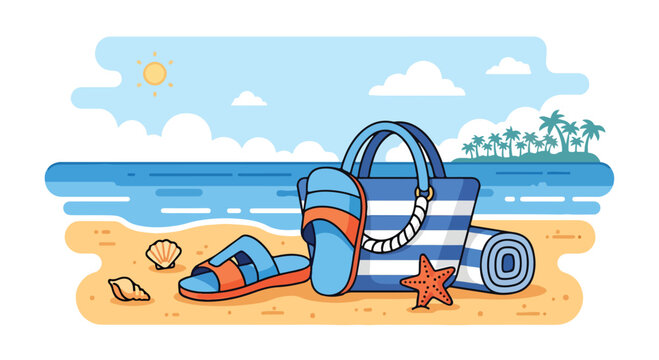 A beach scene with a bag, sandals, and seashells on the shore