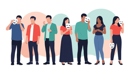 Fototapeta premium Group of diverse people standing together while some hide their real worried faces behind smiling theatrical masks.