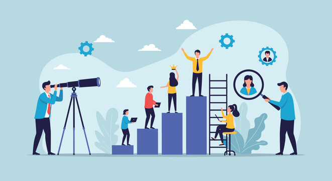 Business growth concept illustration featuring people climbing a bar graph, searching for talent, and achieving goals.