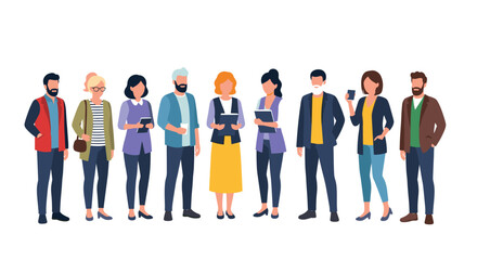 Obraz premium Collection of diverse people standing in a line wearing casual and professional outfits, ideal for community or workforce themes.