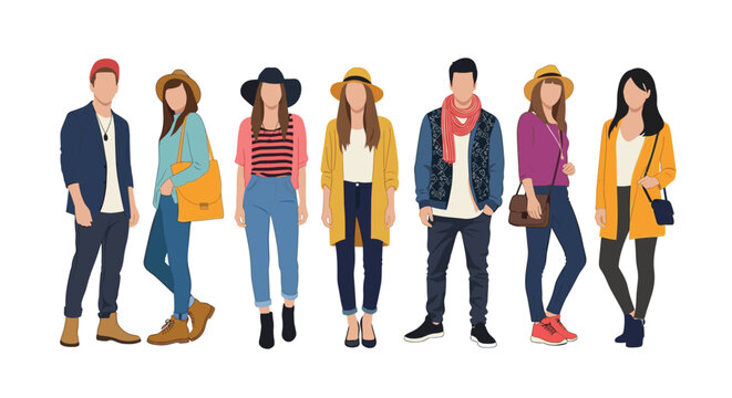 Stylish men and women posing in fashionable autumn and winter clothing featuring hats, scarves, and trendy layers in a flat design.