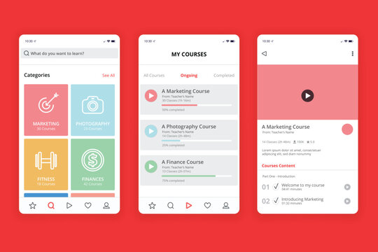 A modern mobile app onboarding screen with a clean interface layout and vibrant colors, showcasing various courses and educational resources, ideal for digital learning platforms and UI UX design.