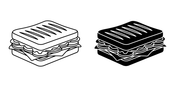 Panini sandwich icon set in outline and black silhouette style showing toasted grill marks on bread with fillings for cafe menus and deli shop branding including vegetable and cheese layers.