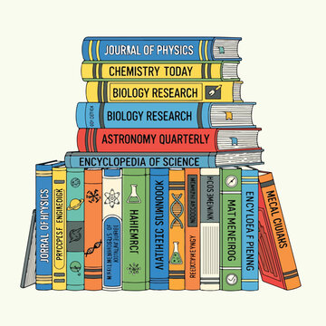 A stack of colorful books on scientific subjects