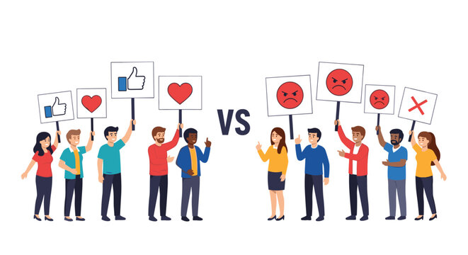 Groups of people holding signs with social media icons like hearts and thumbs up versus negative red anger and cross symbols.