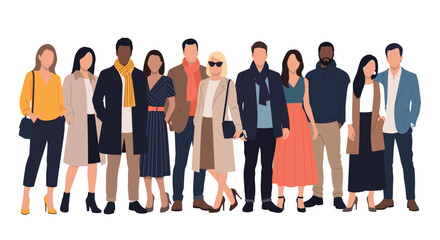 Fototapeta premium Large group of diverse people in stylish autumn and winter clothing standing together to represent a modern and inclusive community.