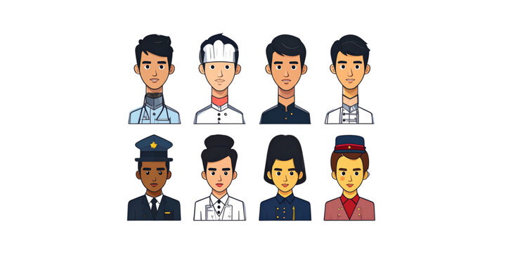 Six diverse cartoon characters wearing different types of hats and uniforms Vector