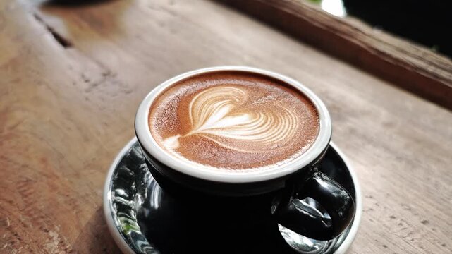 Close up of latte art creation, milk poured from a mug.