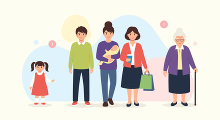 Obraz premium Illustration depicting the cycle of life from childhood and youth to motherhood, adulthood, and finally the elderly stage with a cane.