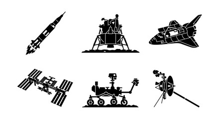 Space Exploration Icons: Rocket, Lunar Lander, Shuttle, ISS, Rover, Probe - Vector Set for Science and Technology Projects © Zahirul
