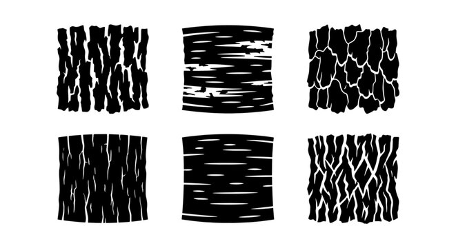 Set of 6 Black and White Bark Texture Vector Icons, Natural Wood Grain Patterns for Graphic Design, Organic Surface Elements