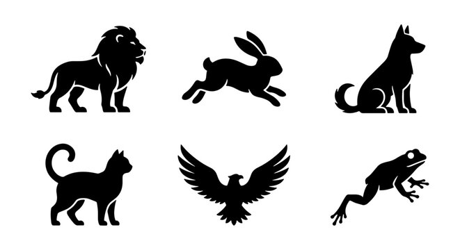 lion rabbit dog cat eagle frog silhouette set