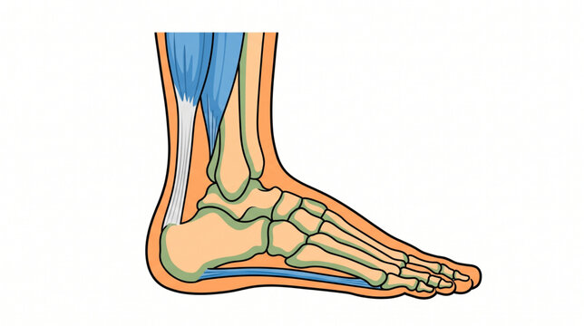 Detailed medical illustration of the human ankle joint showing Achilles tendon and plantar fascia