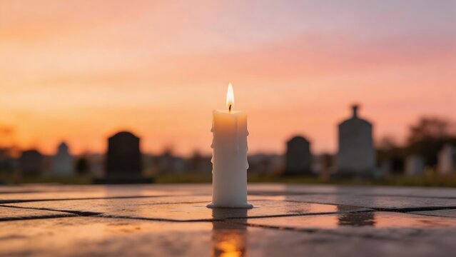 Candle in a cemetery at sunset