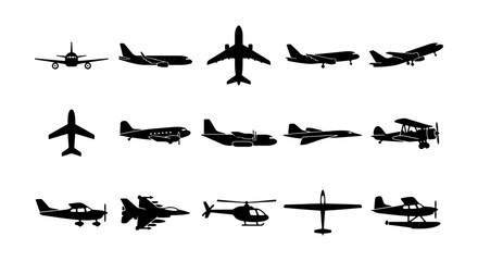 Diverse Aircraft Silhouettes Collection, Vintage Biplanes to Modern Jets, Aviation Icons for Transport and Travel Graphics © Nusrat