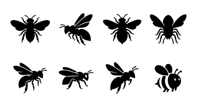 Set of 8 Black Bee Icons, Insect Silhouettes for Nature and Apiary Design, Vector Graphics Collection