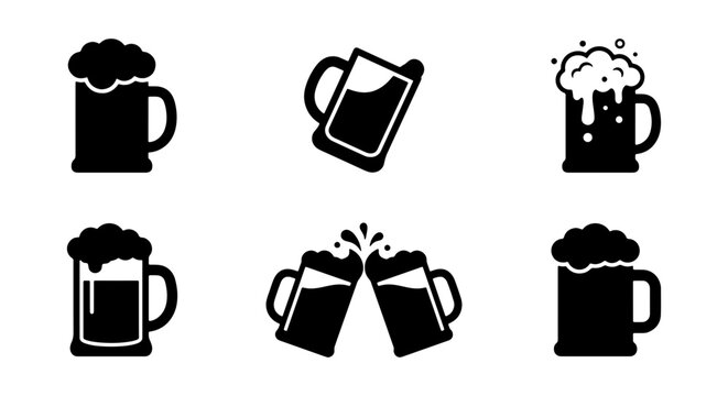 Beer Mug Icons Set, Frothy Ale Glasses Collection, Cheers Toast Beverage Symbols, Black and White Vector Graphics for Pubs and Bars