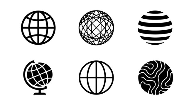 Set of 6 Globe Icons, World Map Symbols, Earth Graphics, Global Network & Travel Vector Elements